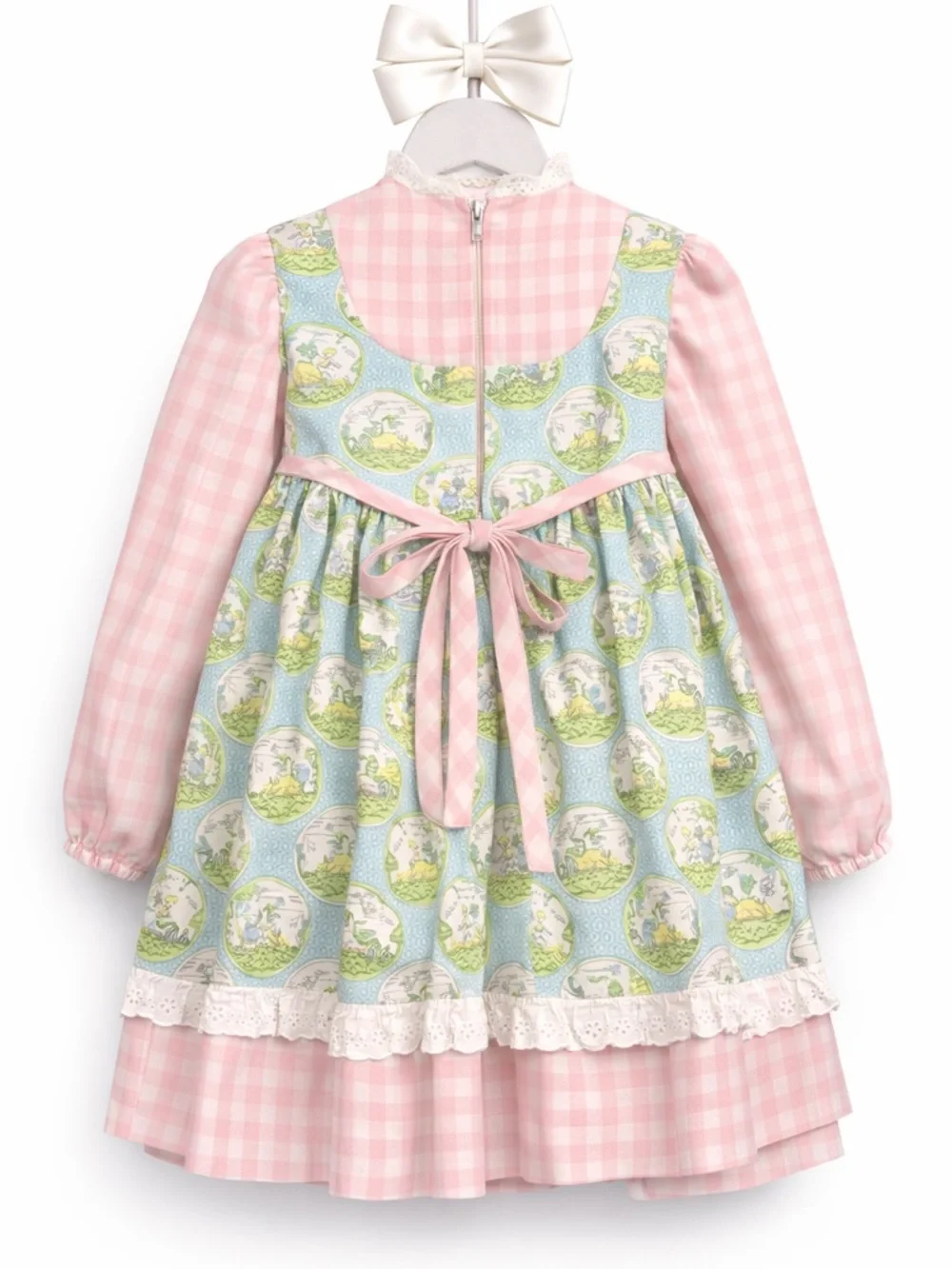 Rare Vintage Joni Girls Pink Gingham Scenic Storybook Dress Lace Bow